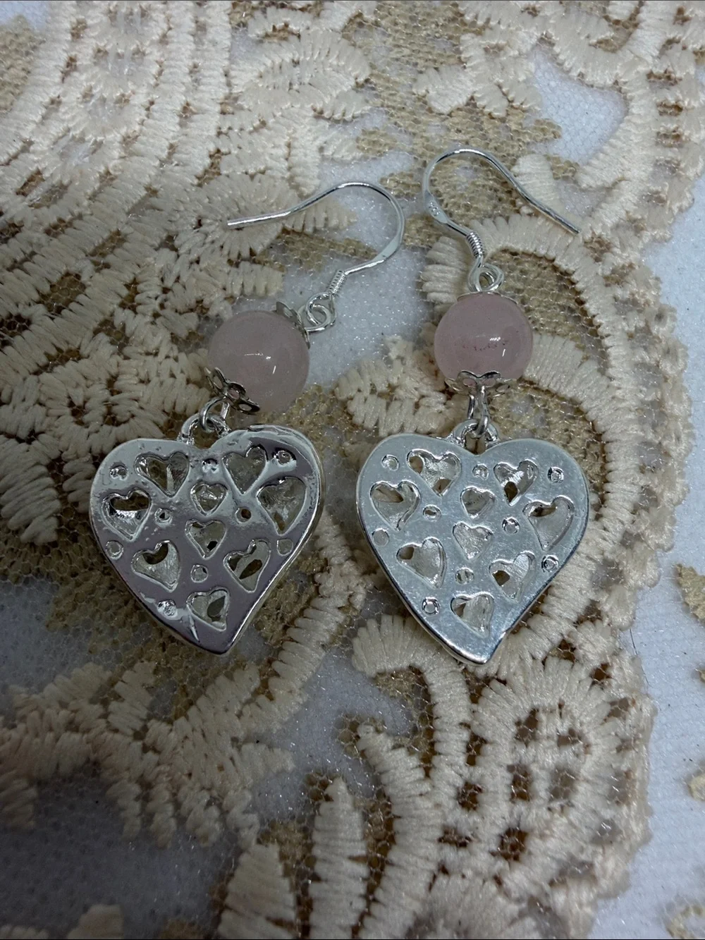 Handmade 925 Sterling Silver Rose Quartz 3D Heart Earrings | Romantic Floral